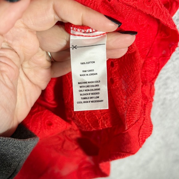 Calypso St. Barth Red Eyelet Embroidered Button Front Puff Sleeve Top Women's M - Picture 5 of 6